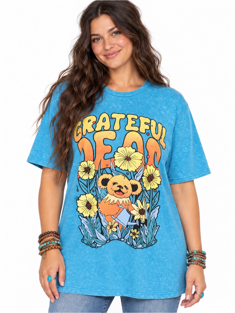 Grateful Dead Dancing Bear Flowers Blue Tie Dye Graphic T Shirt XL Deadhead